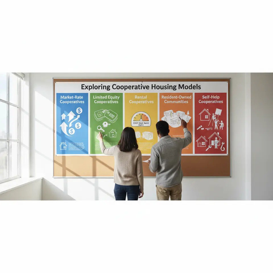 Exploring Cooperative Housing Models: an infographic collage showing five distinct co-op types—Market-Rate Cooperatives with rising price arrows, Limited Equity Cooperatives with capped value tags, Rental Cooperatives as cost-based rent meters, Resident-Owned Communities with mobile home outlines and shared land, and Self-Help Cooperatives with people building and painting homes together—each labeled and color-coded for clarity.