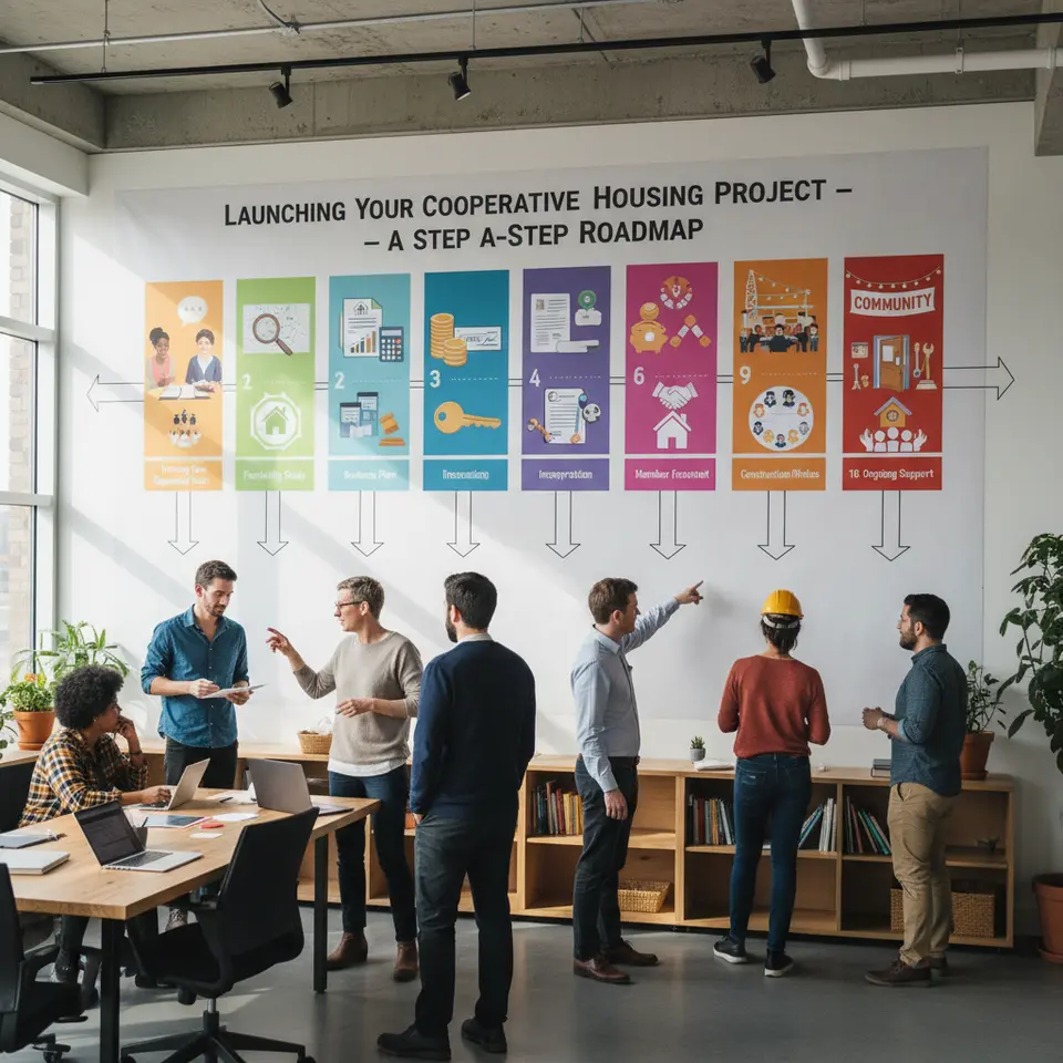 Launching Your Cooperative Housing Project – A Step-by-Step Roadmap: a horizontal timeline or flowchart with ten illustrated stages—from forming a core organizing team (people meeting around a table) through feasibility study (magnifying glass over city map), business plan (document with graphs), financing (stacked coins and grant check), incorporation (legal papers and gavel), property acquisition (house key and contract), member recruitment (group handshake), construction/rehab (workers with hard hats), transition to operations (open front door with maintenance tools), to ongoing support (community event with banners)—using icons, arrows, and color blocks for each step.