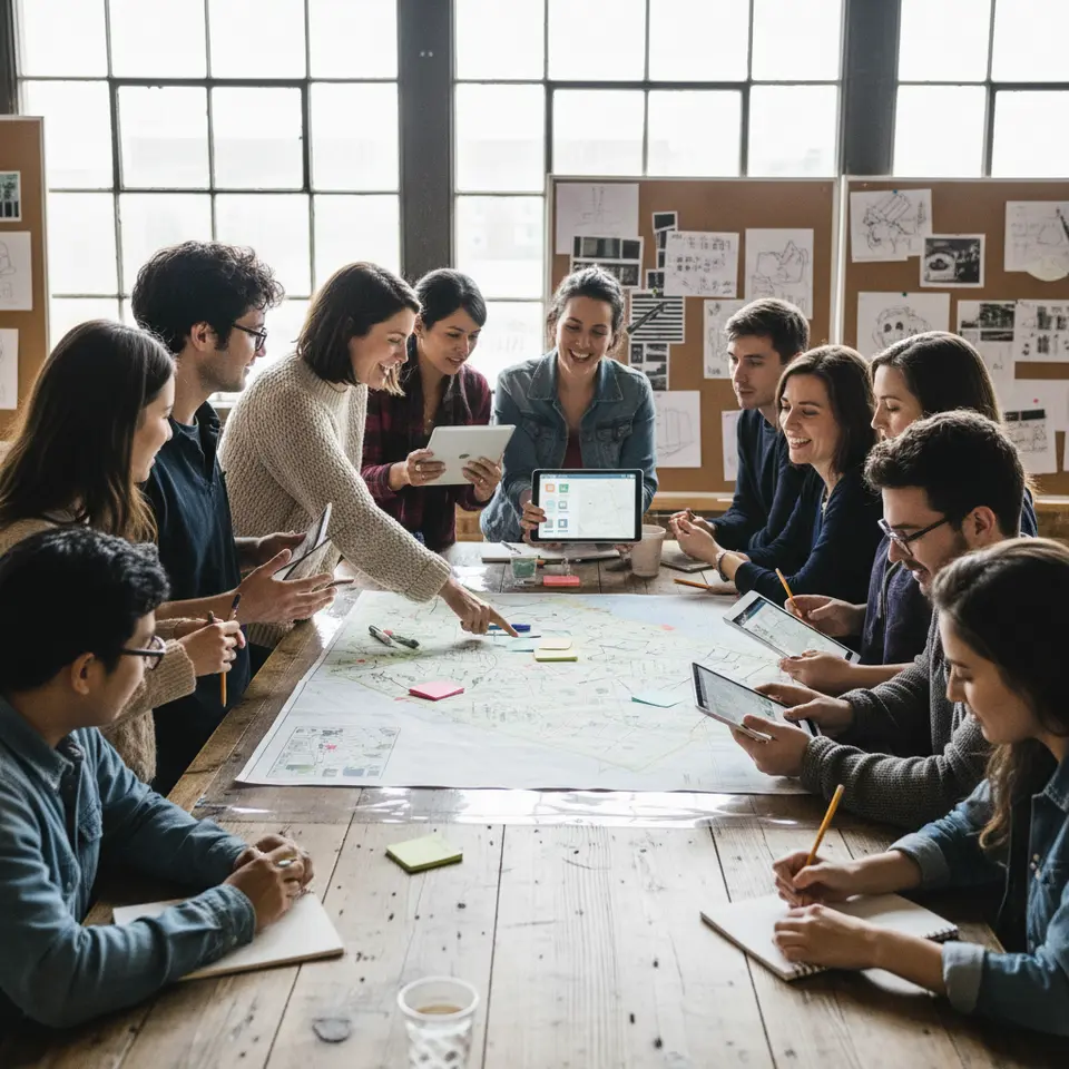 Community co-creation workshop around asset mapping: a diverse group of residents, artists, business owners, and city staff gathered around a large table with an interactive map of their neighborhood, placing colorful sticky notes, sketching on mood boards, and using tablets to annotate local galleries, performance venues, parks, and historic buildings—illustrating the participatory design process for creative placemaking.