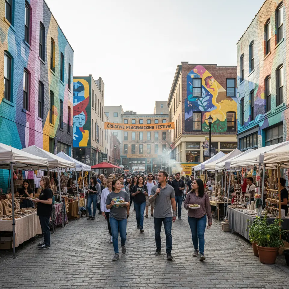 Vibrant mural trail and pop-up market revitalization: a once-neglected street transformed with a series of large-scale, colorful murals; open-air artisan stalls and food vendors lining the sidewalks; visitors taking guided tours; and small businesses in the background—depicting the economic boost and cultural tourism generated by creative placemaking.