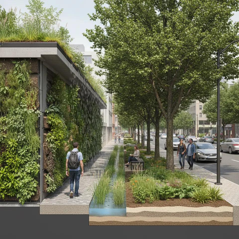 Cross-sectional city block showcasing key green infrastructure elements: mature street trees intercepting rainfall; a layered green roof and adjacent living wall on a building façade; a rain garden planted beside a sidewalk; a linear bioswale running parallel to the street; and permeable pavement revealing underlying infiltration layers.