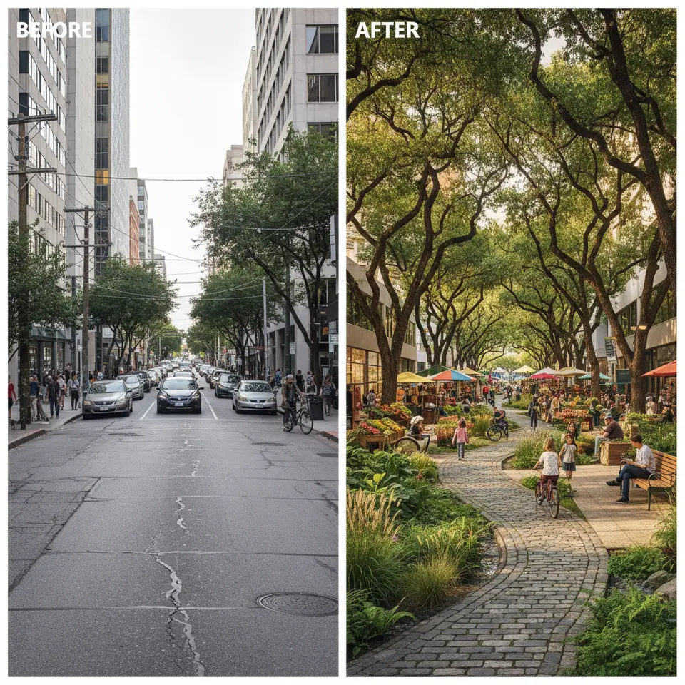Vibrant before-and-after streetscape from the Green Streets initiative: a former arterial road transformed into a lush public corridor with stormwater planters, bioswales alongside permeable sidewalks, enhanced tree canopy, and community gathering areas lined with market stalls and benches.