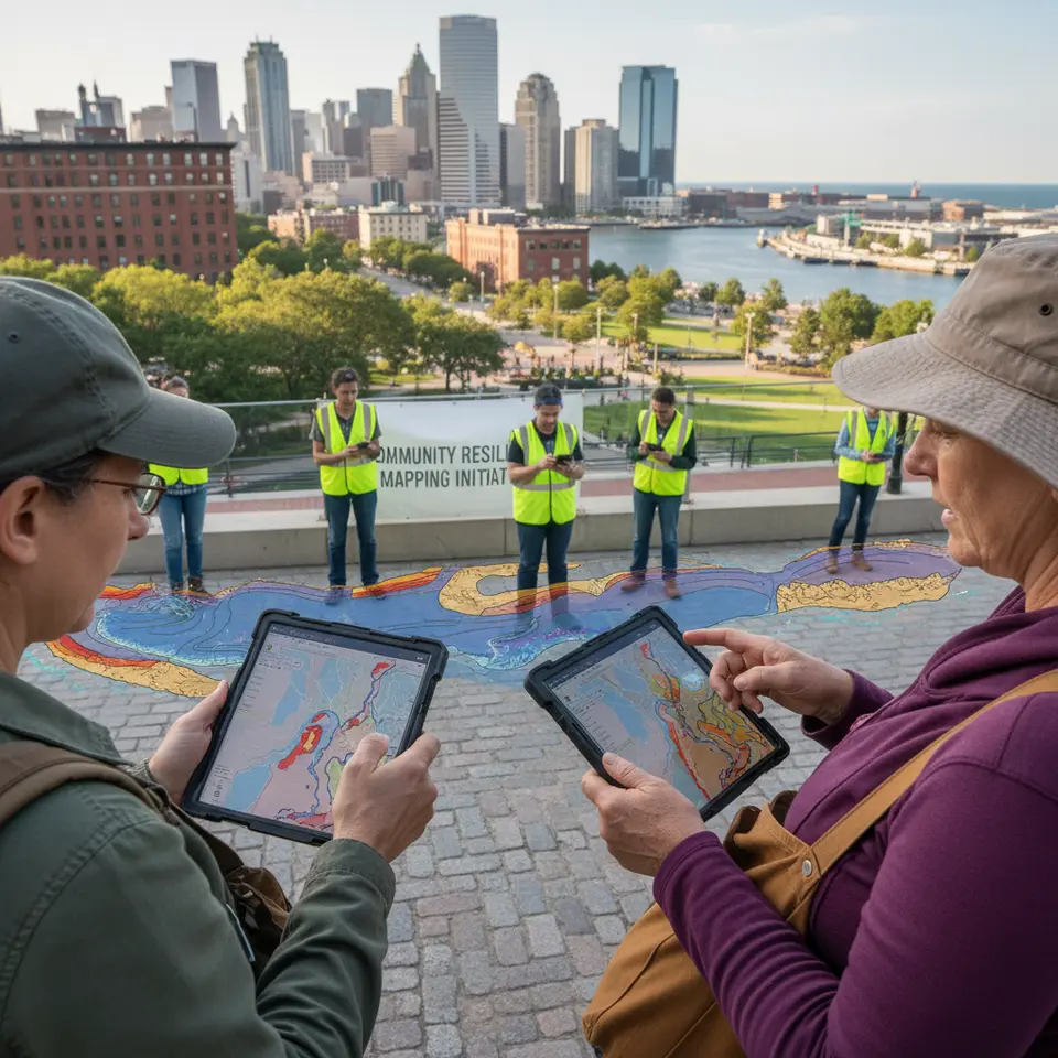 A vibrant illustration of detailed hazard mapping: GIS layers overlaying a cityscape with color‐coded floodplains, urban heat islands, wildfire risk zones, and coastline erosion zones; community volunteers equipped with smartphones and tablets gather data points in the field for participatory mapping