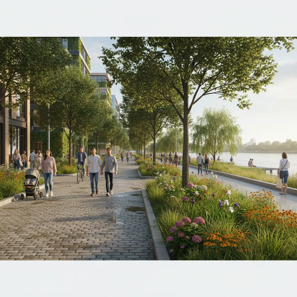 A lush urban streetscape showcasing green infrastructure and nature‐based solutions: permeable pavements, bioswales filtering runoff, rain gardens blooming beside sidewalks, dense tree canopies shading buildings, and a living shoreline buffer absorbing waves along a riverfront