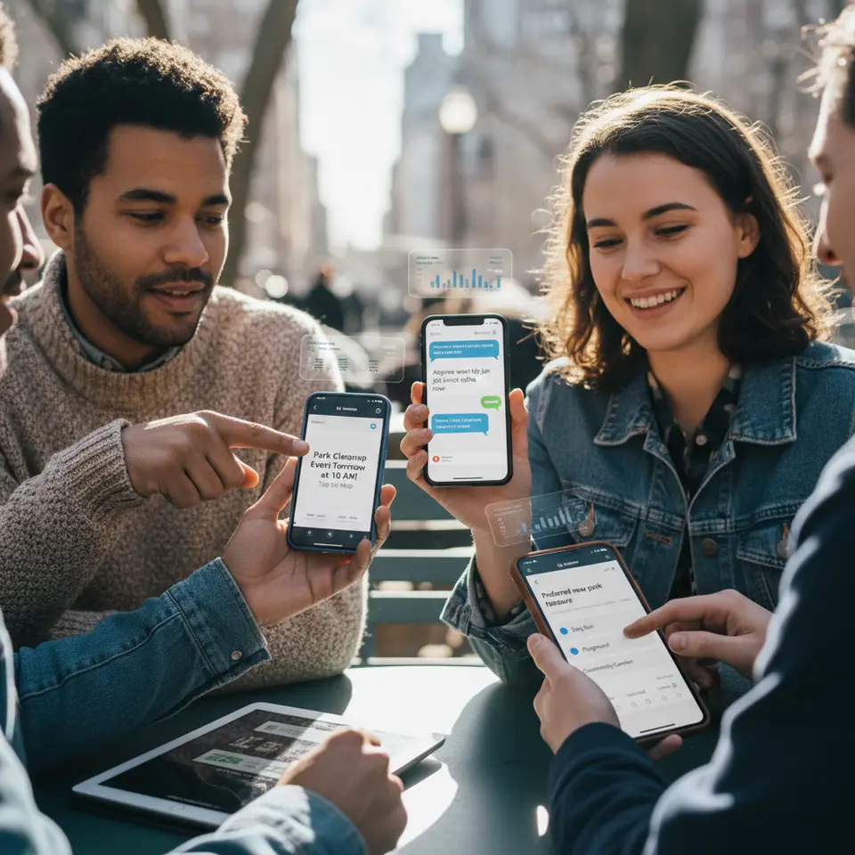 Smartphone screens showcasing community engagement features: geo-located push notifications for local events and alerts, in-app live chat bubbles, quick polling widgets, secure e-voting modules, and a real-time analytics dashboard overlay.