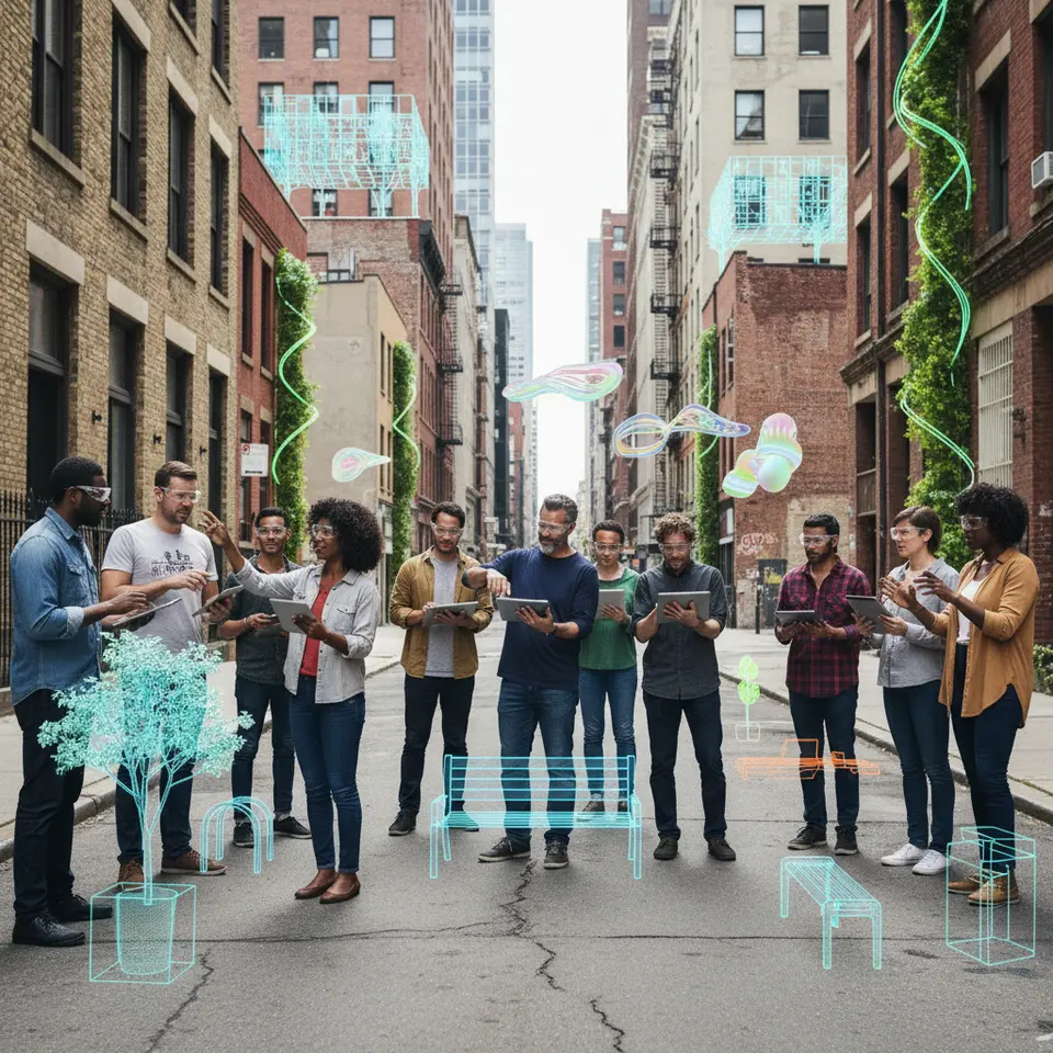 Community AR Co-design Workshop: a diverse group of residents and planners gathered on a real city street wearing AR glasses and holding tablets as virtual street furniture, green corridors, public art installations, and adjustable building models appear overlaid on the pavement and façades—participants drag and resize elements in real time to prototype a vibrant public space