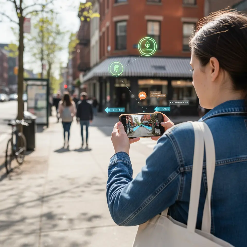 Smartphone-Based AR Wayfinding in Urban Context: a user’s phone camera view of a city sidewalk with floating 3D arrows, distance markers, and point-of-interest icons superimposed on real buildings and storefronts, guiding pedestrians to parks, community centers, and local businesses with interactive labels and directional cues